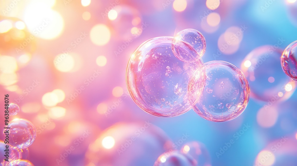 Poster A series of colorful, glowing bubbles floating in the air. The bubbles are arranged in a way that creates a sense of movement and energy, with some bubbles overlapping and others floating freely