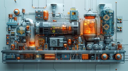 General purpose technology, as a 4 parts picture with 4 elements representing: steam engine, electricity, internet, and AI, white background, professional but bright colors, technical and futuristic