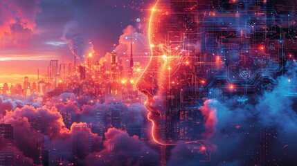 General purpose technology, as a 4 parts picture with 4 elements representing: steam engine, electricity, internet, and AI, white background, professional but bright colors, technical and futuristic