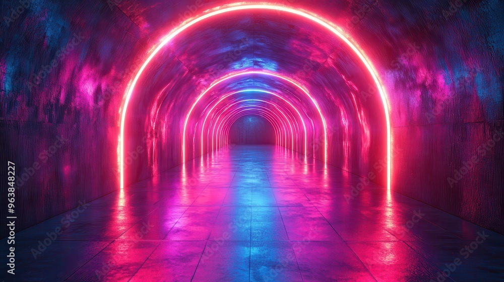Aufkleber 3d abstract futuristic neon backgroun3d glowing lines triangular tunnel corridor ultraviolet neon li