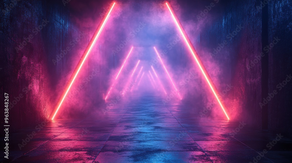 Poster 3d abstract futuristic neon backgroun3d glowing lines triangular tunnel corridor ultraviolet neon li