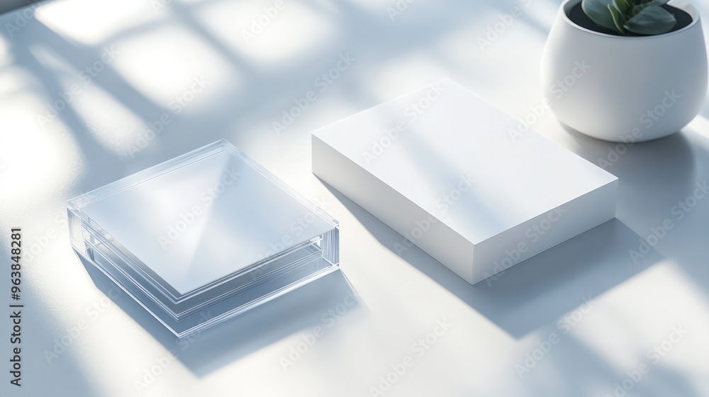 Poster a white box and a white card sit on a table. the box is square and made of clear plastic