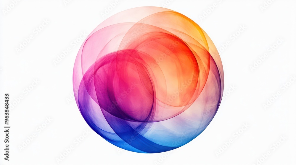 Poster A colorful, abstract design with a white background. The design is made up of circles of different colors, and it is a representation of a sphere. The colors are vibrant and the design is dynamic