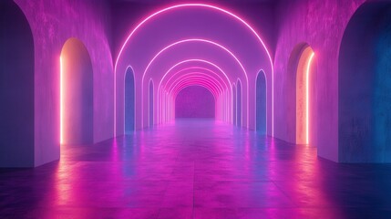 Obraz premium 3d abstract geometric architectural backgroun3d empty stage with glowing neon arches bright blue light