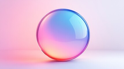 A colorful glass sphere with a pink, blue, and purple hue. The sphere is sitting on a white background