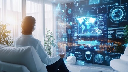 Obraz premium Patient in a futuristic smart house using telemedicine to consult doctor IoT devices tracking health in real-time