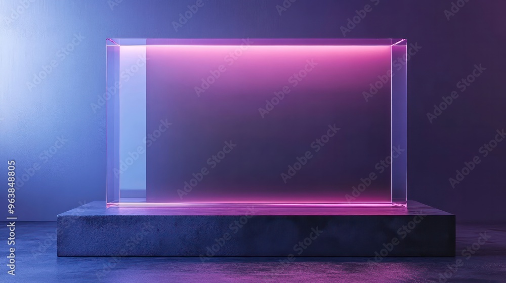 Poster a large, clear, purple box sits on a concrete platform. scene is mysterious and intriguing