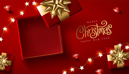 Merry Christmas and happy new year promotion banner with open box festive decoration for christmas