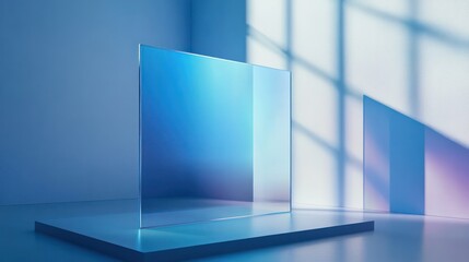 Fototapeta premium A blue square with a window in the middle. The window is reflecting the light from the sun, creating a bright and cheerful atmosphere