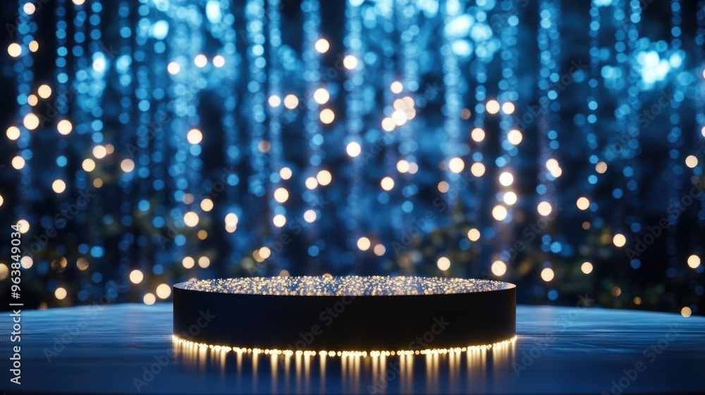 Poster a product display podium lit up with glowing lights and sparkles, drawing attention in an elegant pr