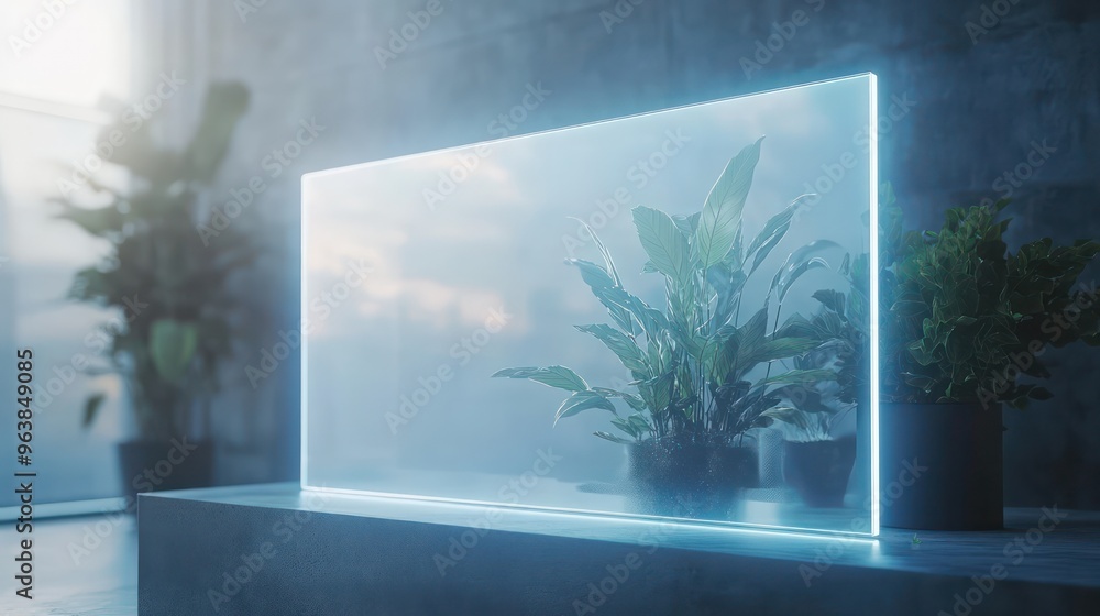 Poster a glass panel with a plant in front of it. the image has a modern and minimalist feel to it