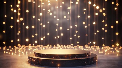 A product display podium lit up with glowing lights and sparkles, drawing attention in an elegant presentation.