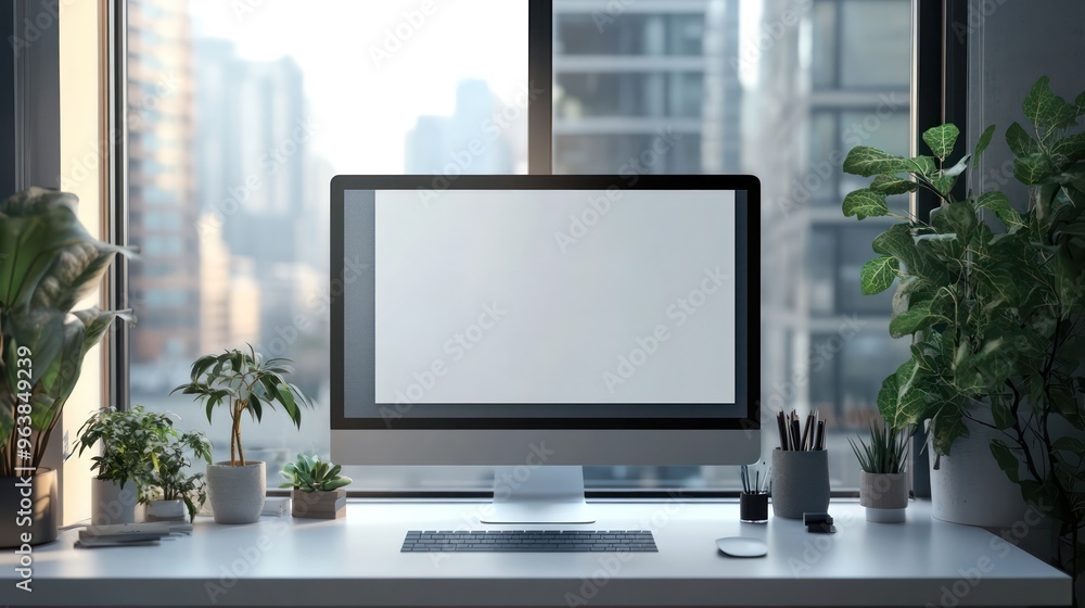 Poster A computer monitor sits on a desk in front of a window with a view of a city. The desk is also adorned with potted plants and a keyboard. Concept of productivity and focus