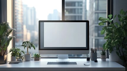 A computer monitor sits on a desk in front of a window with a view of a city. The desk is also adorned with potted plants and a keyboard. Concept of productivity and focus