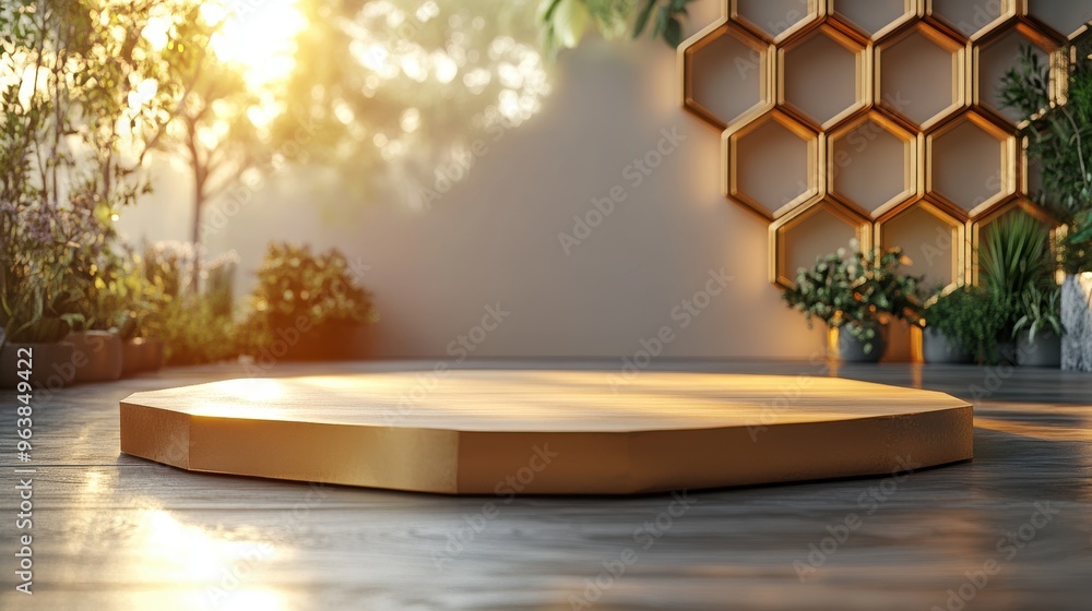 Poster 3d abstract geometric backgroun3d with blank hexagonal golden frame for premium product presentation