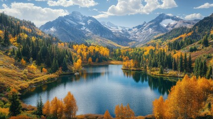 Mountain Lake Surrounded by Autumn Trees and Snow-Capped Peaks