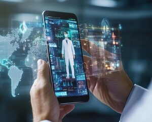 Patient using a smartphone for telemedicine consultation real-time vitals displayed on-screen