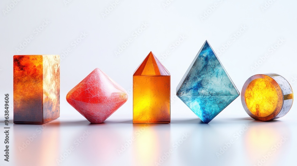 Poster 3d abstract geometric shapes isolate3d on white backgroun3d colorful green blue assorte3d elements l