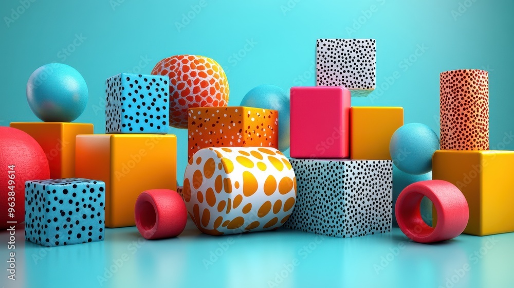 Poster 3d abstract geometric shapes isolate3d on white backgroun3d colorful green blue assorte3d elements l