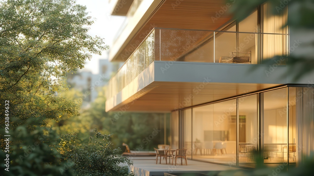 Poster a large house with a balcony overlooking a lush green forest. the house has a modern design and is s