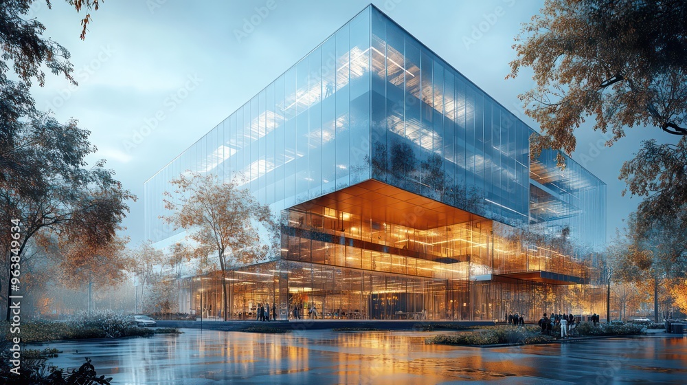 Poster a large glass building with a lot of windows and a lot of people walking around. the building is sur