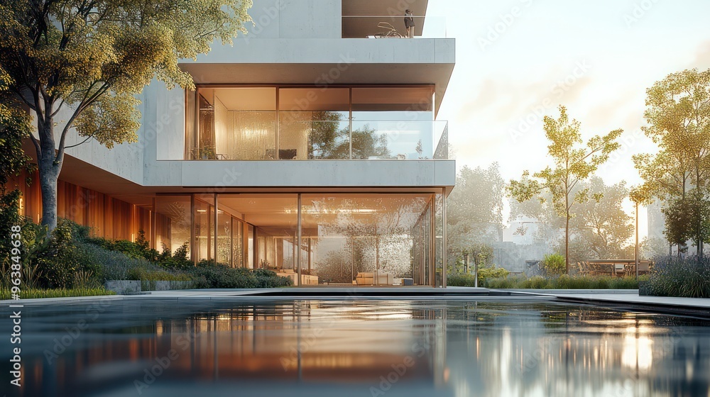 Poster a large white house with a pool and a tree in front of it. the house is surrounded by a lush green g