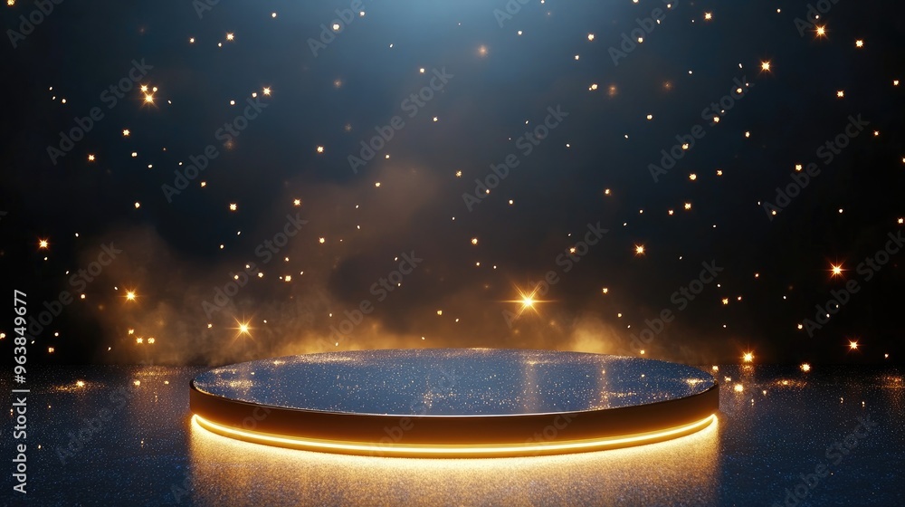 Poster a round podium illuminated with glowing lights and sparkles, creating a captivating product showcase