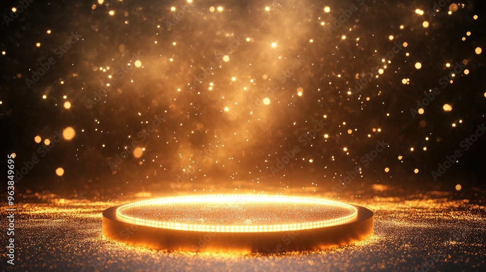 Poster a round podium illuminated with glowing lights and sparkles, creating a captivating product showcase