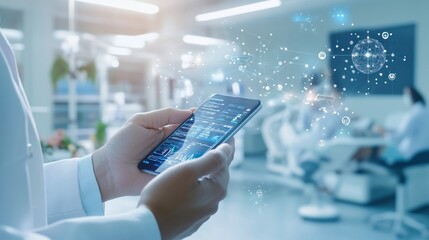 Patient using a smartphone for telemedicine real-time health data streaming on-screen