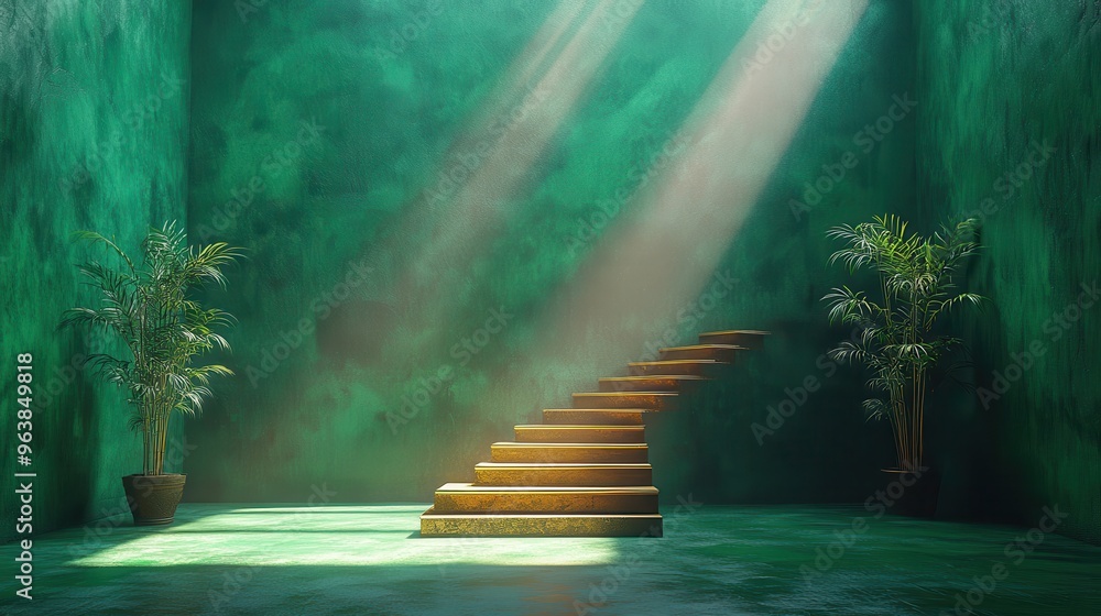 Poster 3d abstract green backgroun3d empty wall with golden ladders illuminate3d with the sunlight
