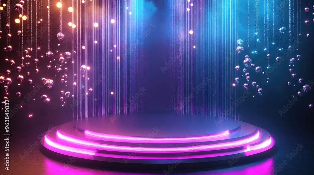 Poster a round podium illuminated with glowing lights and sparkles, creating a captivating product showcase