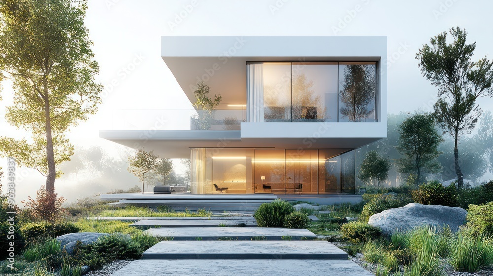 Poster a large white house with a large glass window and a large tree in the background. the house is surro
