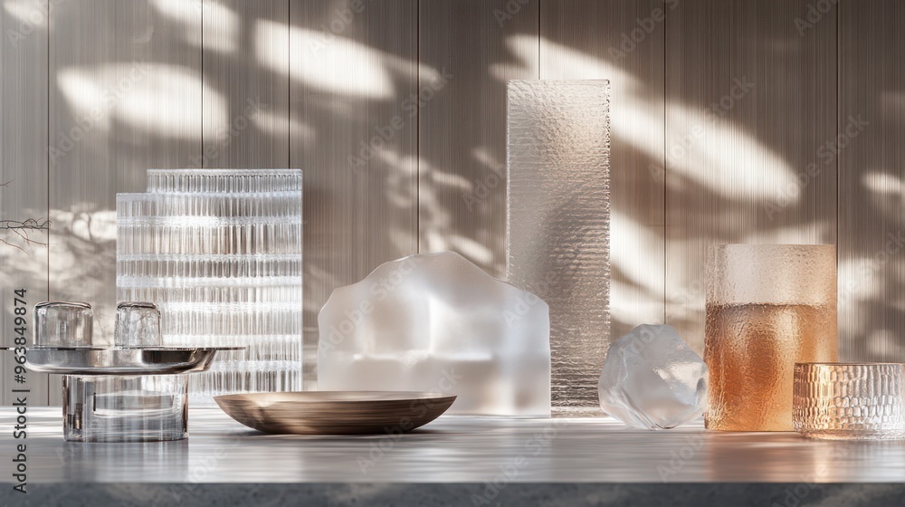 Poster a table with a variety of glassware, including vases and cups, arranged in a way that creates a sens