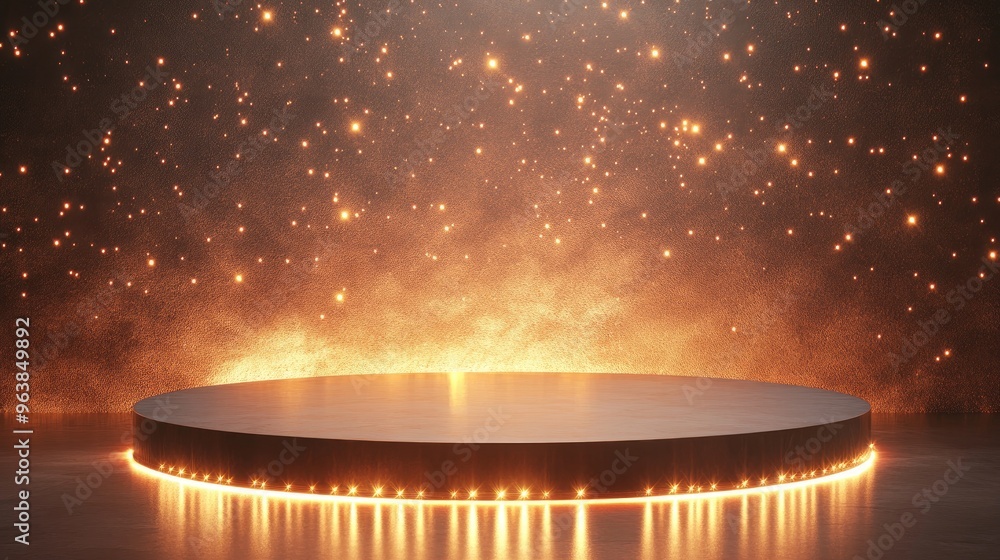 Poster a round podium with glowing lights and sparkles, perfect for showcasing a product in a captivating d