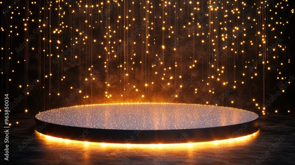 Poster a round podium with glowing lights and sparkles, perfect for showcasing a product in a captivating d