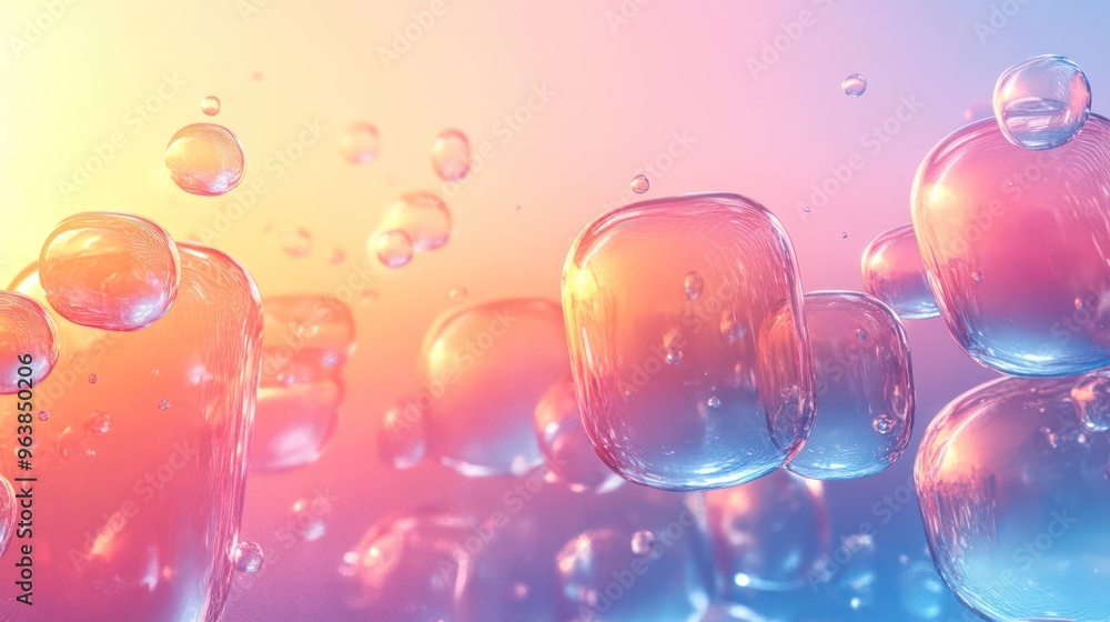 Poster A colorful image of many small bubbles floating in the air. The bubbles are of various sizes and colors, creating a vibrant and lively atmosphere. Concept of joy and playfulness