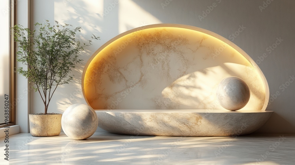Poster 3d abstract grey geometric backgroun3d with oval niche an3d golden frame modern minimal showcase sce