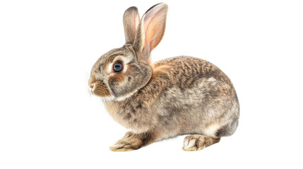 Fototapeta premium A cute, small brown and gray rabbit with fluffy fur, isolated on a white background