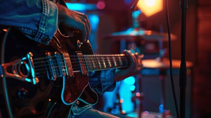 Obraz premium a scene of a musician in a recording studio, playing a guitar and singing into a microphone