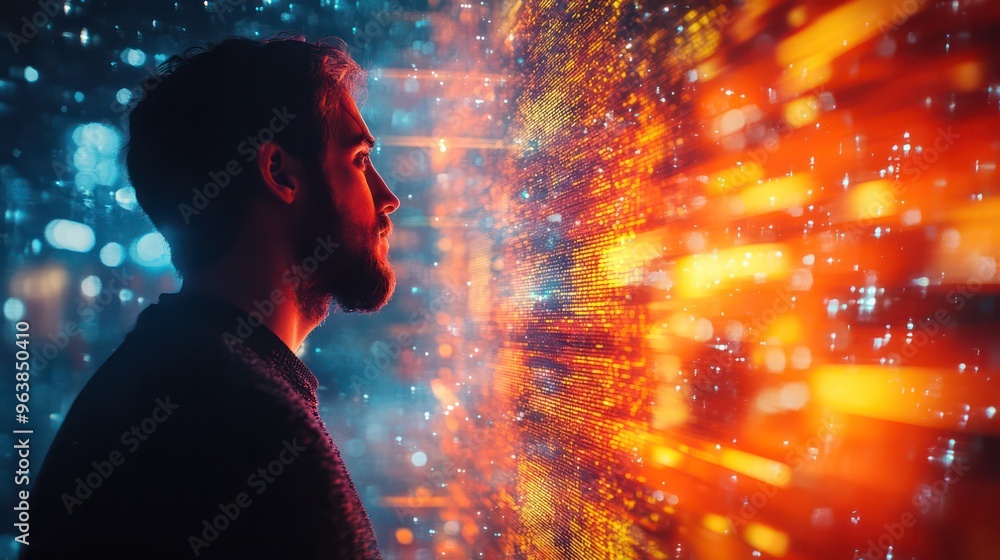 Poster a man is looking at a screen with a bright orange light. concept of wonder and curiosity as the man 