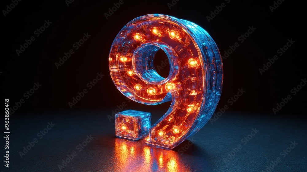 Aufkleber 3d abstract linear neon number nine glowing digit isolate3d on black background