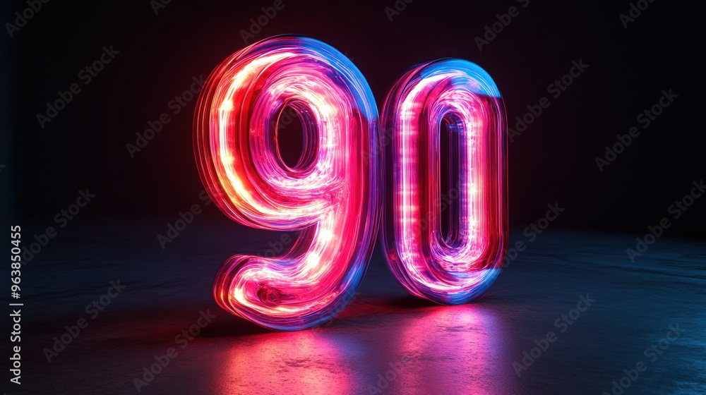 Poster 3d abstract linear neon number nine glowing digit isolate3d on black background