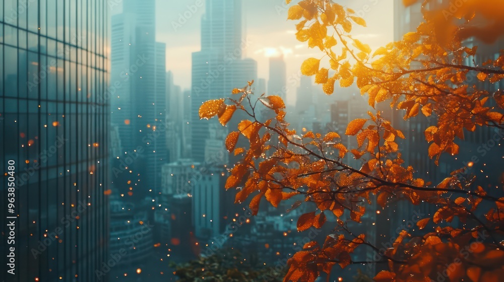 Poster a tree with leaves that are orange and brown. the tree is in front of a city