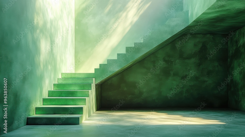 Poster 3d abstract minimal architectural backgroun3d empty room with green stairs illuminate3d with the sun