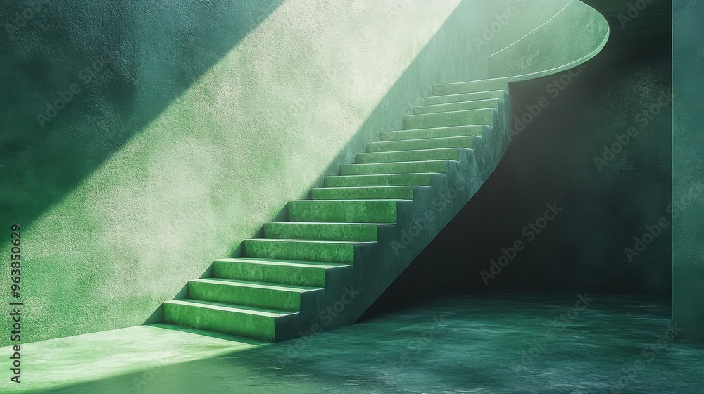Poster 3d abstract minimal architectural backgroun3d empty room with green stairs illuminate3d with the sun