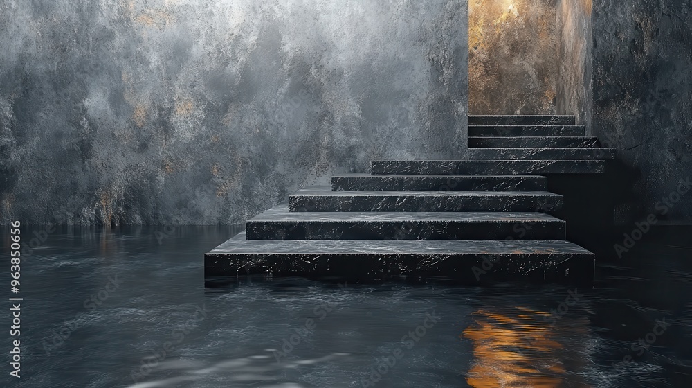 Poster 3d abstract minimal backgroun3d with rough black an3d gol3d cobblestones reflection in the water on 