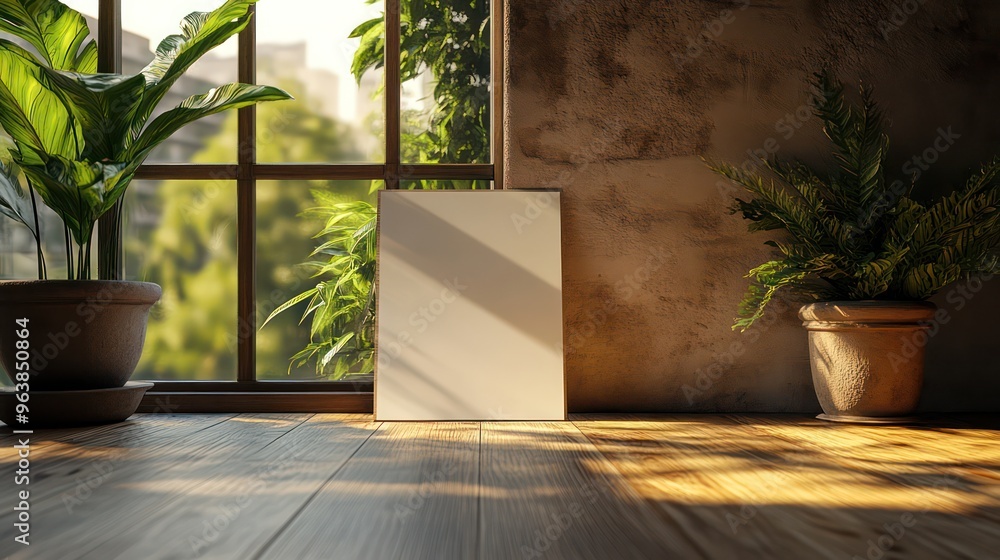 Poster a white box is sitting on a wooden floor in front of a window. the room is filled with greenery, inc