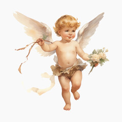 Fototapeta premium Cherubic angel holding flowers gracefully.