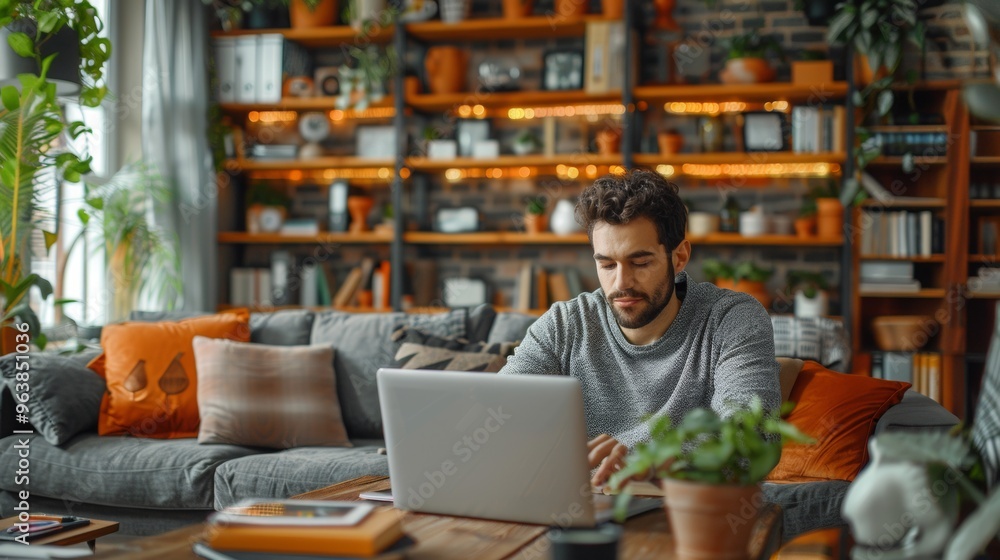 Poster a scene of remote work, with an employee working from home using a laptop and participating in a vid