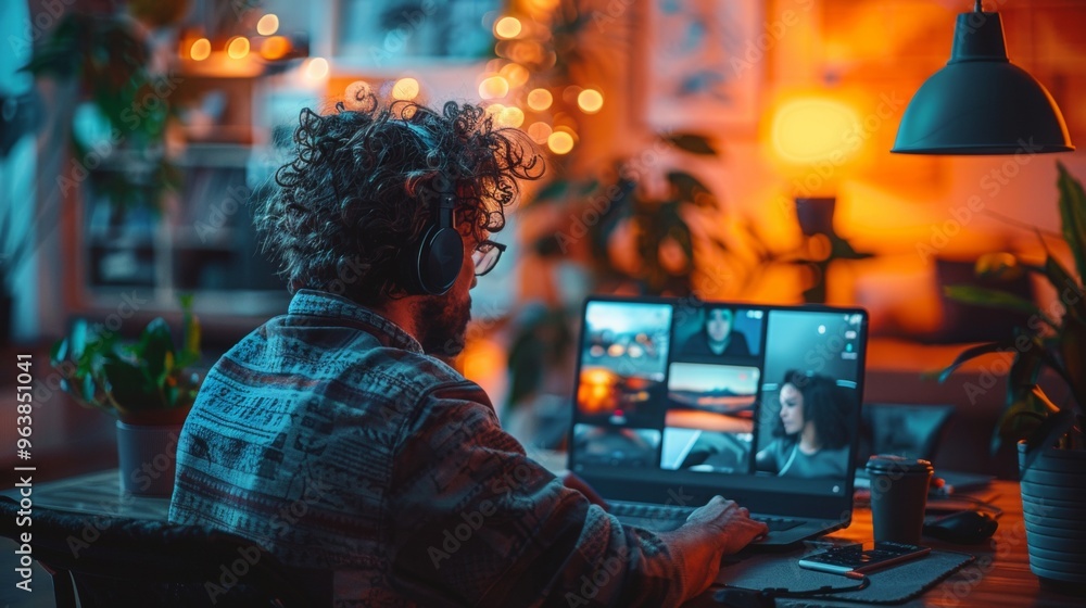 Poster a scene of remote work, with an employee working from home using a laptop and participating in a vid